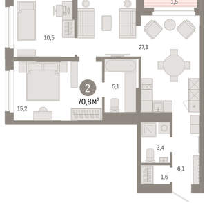 2-к квартира, вторичка, 71м2, 5/25 этаж