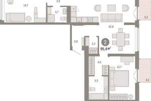 2-к квартира, вторичка, 95м2, 2/16 этаж