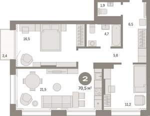 2-к квартира, вторичка, 71м2, 15/17 этаж