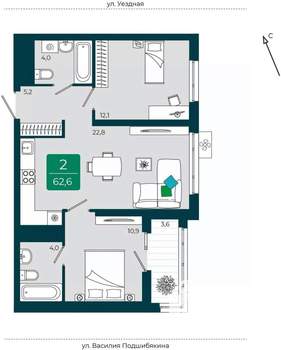 2-к квартира, вторичка, 63м2, 11/16 этаж