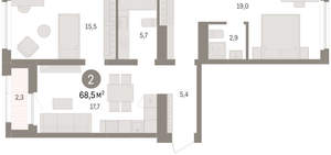 2-к квартира, вторичка, 68м2, 6/16 этаж