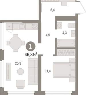 1-к квартира, вторичка, 47м2, 5/9 этаж