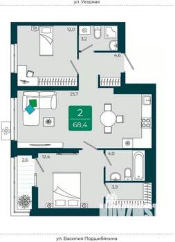 2-к квартира, вторичка, 68м2, 14/16 этаж