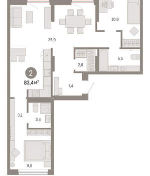 2-к квартира, вторичка, 83м2, 6/17 этаж