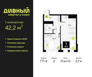 1-к квартира, вторичка, 42м2, 13/23 этаж