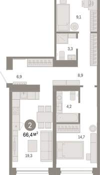 2-к квартира, вторичка, 66м2, 2/16 этаж