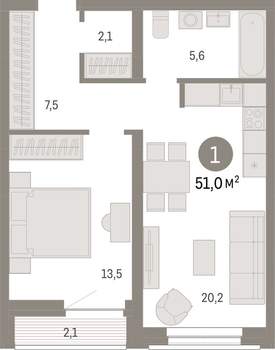 1-к квартира, вторичка, 51м2, 7/10 этаж