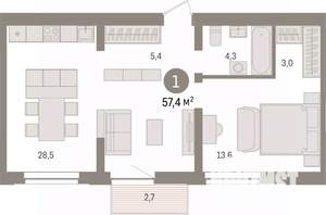 1-к квартира, вторичка, 57м2, 6/8 этаж