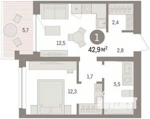 1-к квартира, вторичка, 43м2, 3/8 этаж
