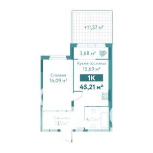 1-к квартира, строящийся дом, 45м2, 1/10 этаж