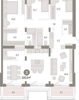 3-к квартира, вторичка, 133м2, 7/11 этаж