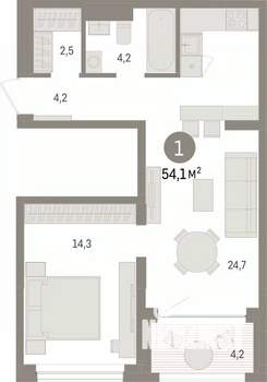 1-к квартира, вторичка, 54м2, 7/8 этаж
