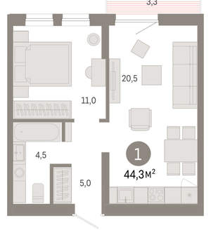 1-к квартира, вторичка, 44м2, 3/17 этаж