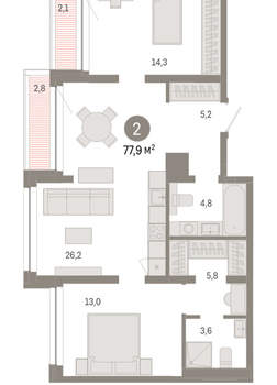 2-к квартира, вторичка, 78м2, 7/8 этаж