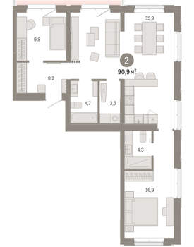 2-к квартира, вторичка, 91м2, 3/11 этаж