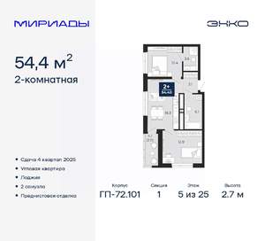 2-к квартира, вторичка, 54м2, 5/25 этаж