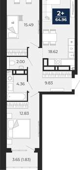 2-к квартира, вторичка, 63м2, 8/21 этаж