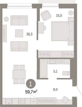 1-к квартира, вторичка, 60м2, 6/17 этаж