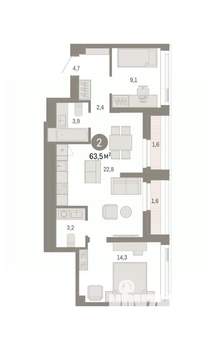 2-к квартира, вторичка, 64м2, 21/25 этаж