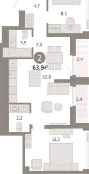 2-к квартира, вторичка, 63м2, 23/25 этаж