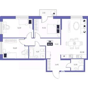 3-к квартира, строящийся дом, 84м2, 12/24 этаж