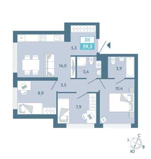 2-к квартира, вторичка, 59м2, 11/25 этаж