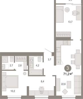3-к квартира, вторичка, 71м2, 7/17 этаж