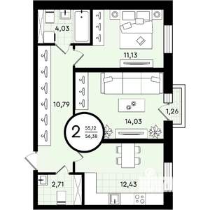 2-к квартира, вторичка, 56м2, 4/4 этаж
