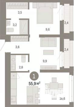 1-к квартира, вторичка, 56м2, 12/25 этаж