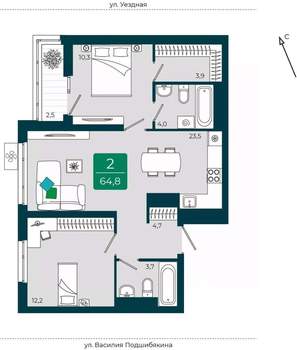 2-к квартира, вторичка, 65м2, 10/16 этаж