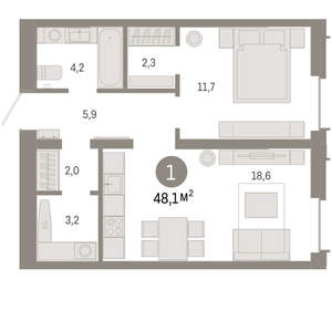 1-к квартира, вторичка, 48м2, 15/16 этаж