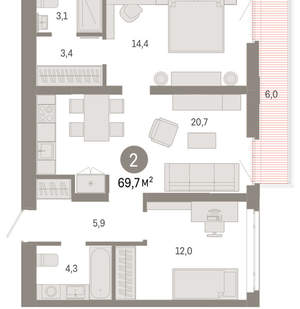 2-к квартира, вторичка, 70м2, 2/25 этаж