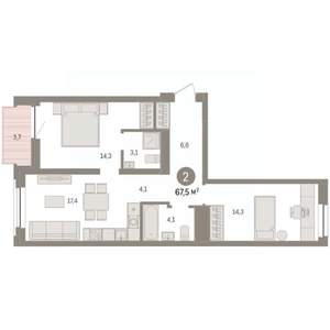 2-к квартира, вторичка, 68м2, 7/10 этаж
