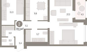 2-к квартира, вторичка, 72м2, 2/8 этаж