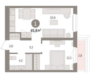 1-к квартира, вторичка, 46м2, 6/16 этаж