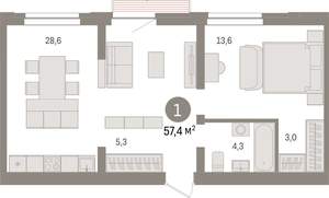 1-к квартира, вторичка, 57м2, 7/10 этаж