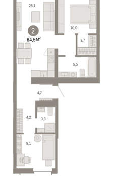 2-к квартира, вторичка, 64м2, 4/16 этаж