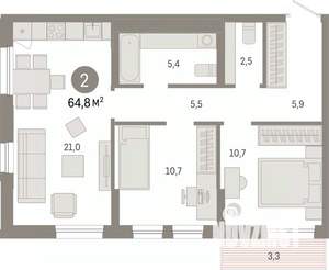 2-к квартира, вторичка, 65м2, 3/17 этаж