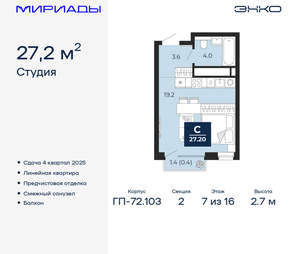 Студия квартира, вторичка, 27м2, 7/16 этаж
