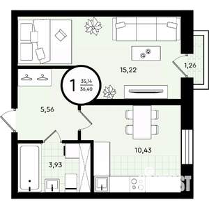 1-к квартира, вторичка, 36м2, 1/4 этаж