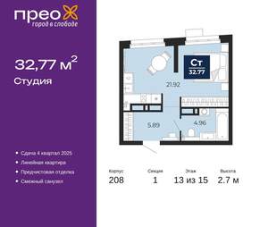 Студия квартира, вторичка, 33м2, 13/22 этаж