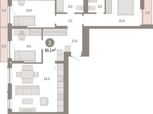 3-к квартира, вторичка, 91м2, 5/8 этаж