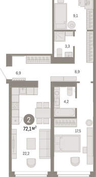 2-к квартира, вторичка, 72м2, 6/16 этаж