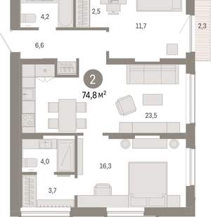 2-к квартира, вторичка, 75м2, 12/17 этаж