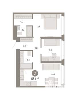 2-к квартира, вторичка, 57м2, 10/25 этаж