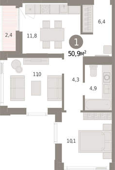 1-к квартира, вторичка, 51м2, 23/25 этаж