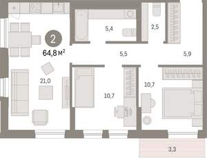 2-к квартира, вторичка, 65м2, 9/17 этаж
