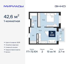 1-к квартира, вторичка, 43м2, 13/14 этаж