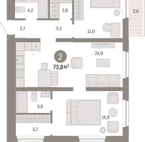 2-к квартира, вторичка, 74м2, 11/16 этаж