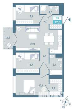 3-к квартира, вторичка, 73м2, 3/19 этаж